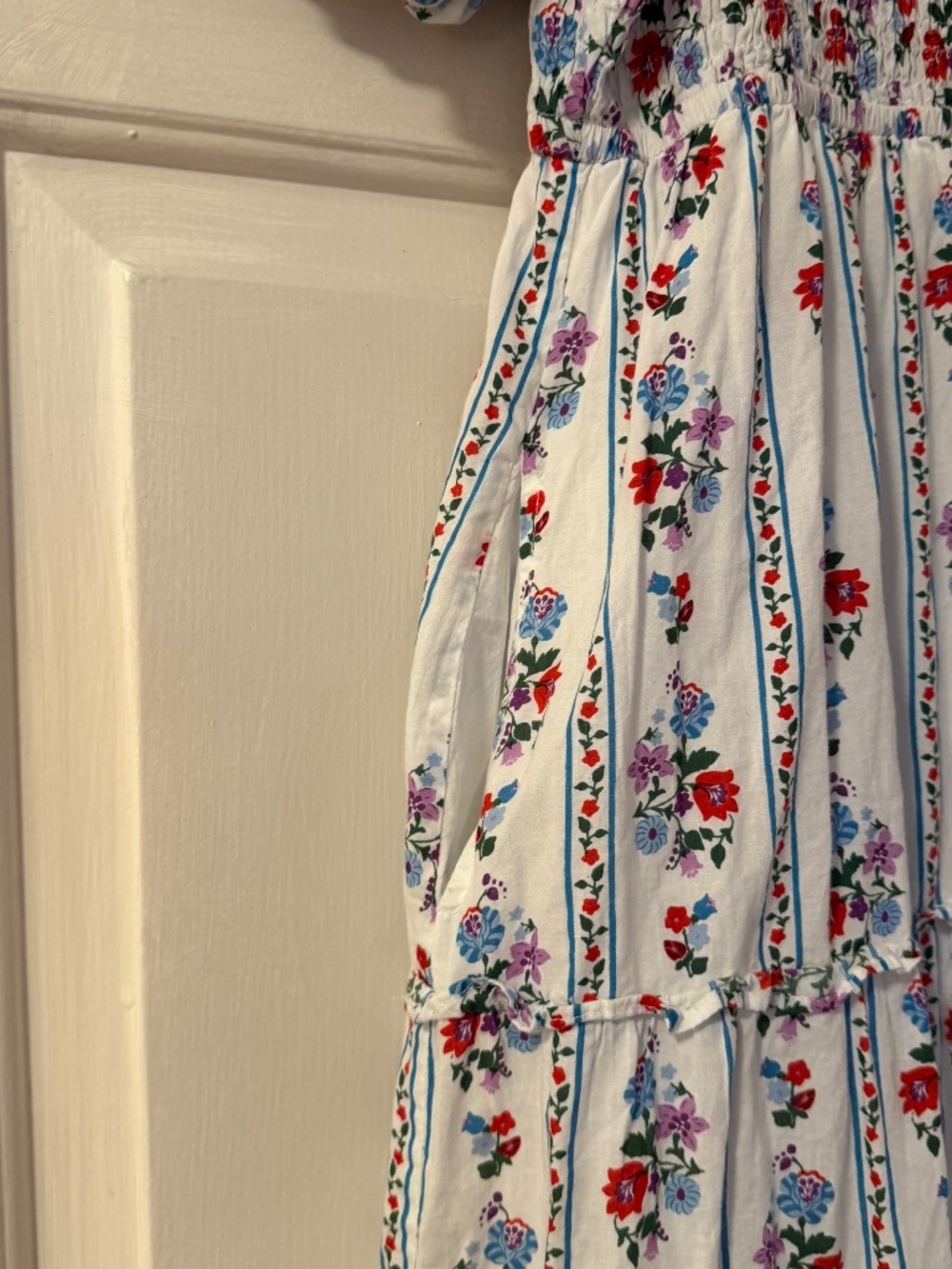 Pink City Prints Cindy Alpine Mix White Floral Tiered Midi Dress Women's Medium - Picture 7 of 8